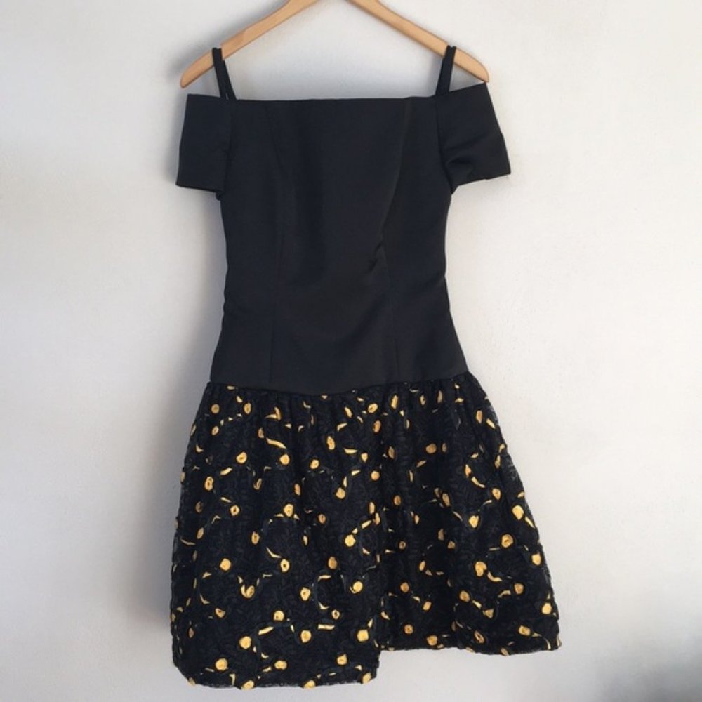 Fine Feathers Off Shoulder Black Bottom Poof Dress